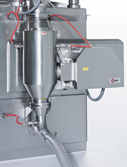 Glatt GSF 300 SCSuperClean® rotor mill, traversably mounted on rails, docked to the product discharge of a vertical granulator